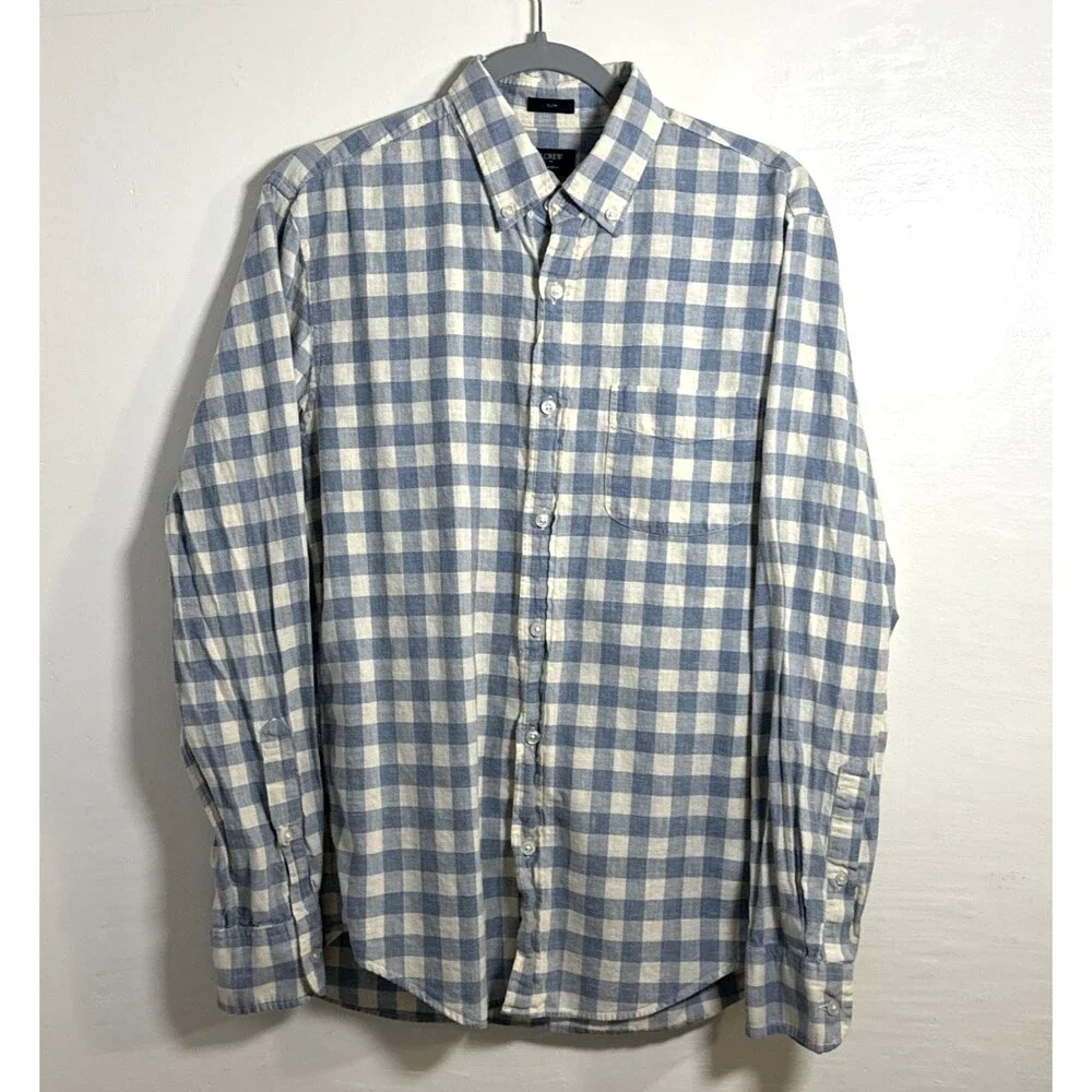 J.Crew Men's Homespun Slim Button Down Shirt Size Medium Blue Plaid Long Sleeve